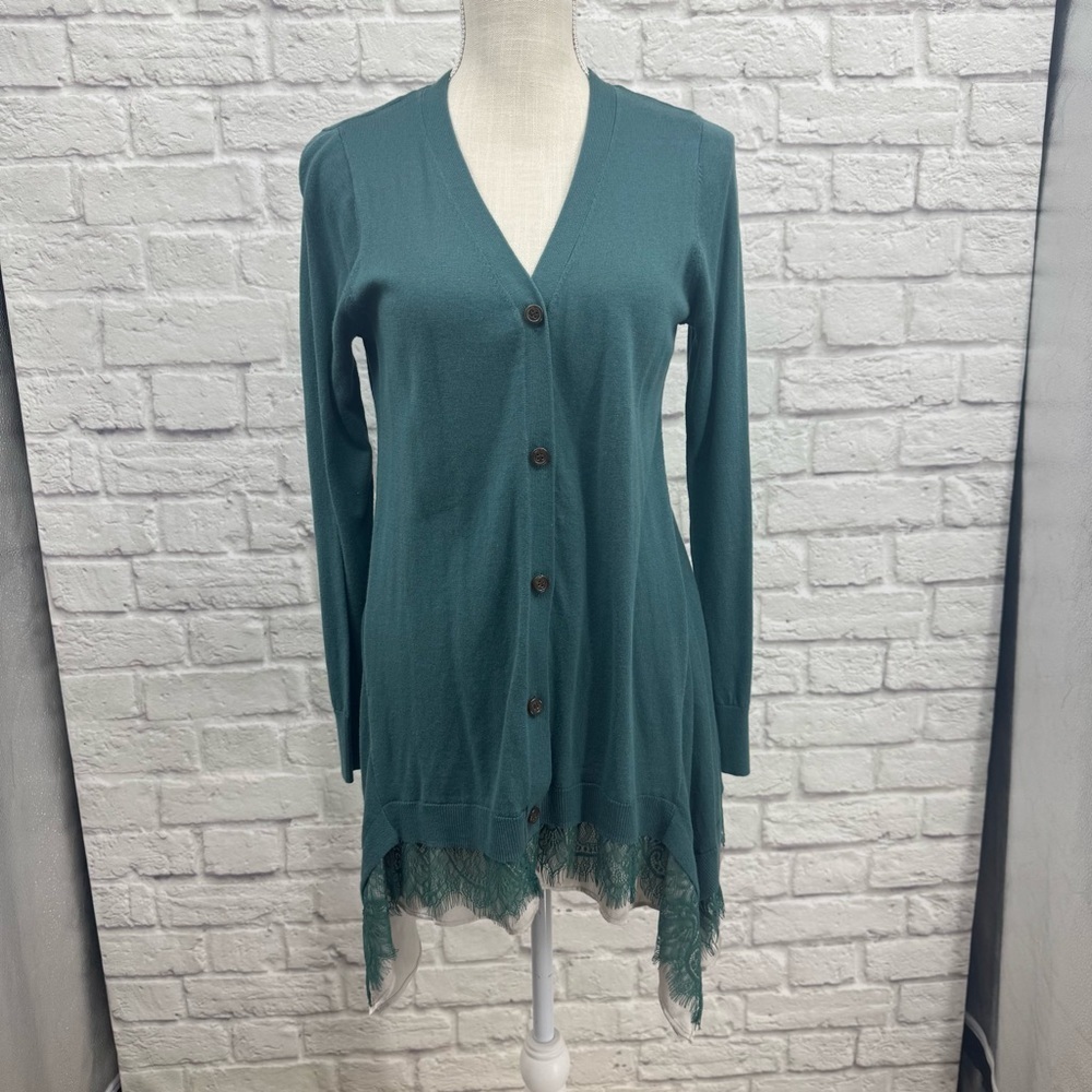 LOGO by Lori Goldstein Cashmere Blend Teal Green Knit Cardigan XS Lace Hem